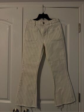 Frame Denim Cream and White Striped Cropped Flare Pants